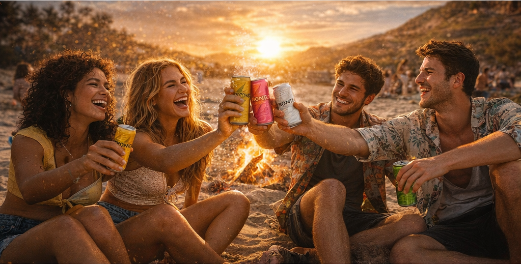 Friends cheering with Pronto at sunset